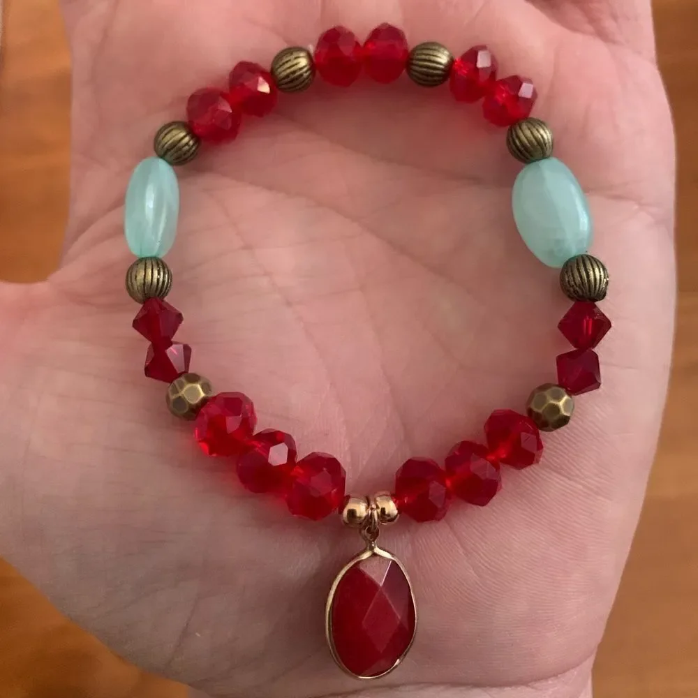 Handmade beaded stretch bracelet red turquoise